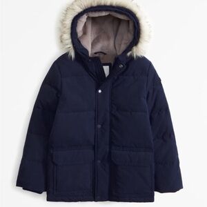 Navy Kids' Hooded Jacket with Faux Fur Trim
